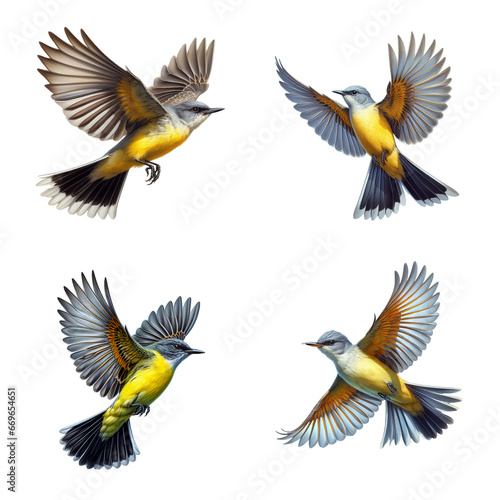 A set of male and female Western Kingbirds flying on a transparent background