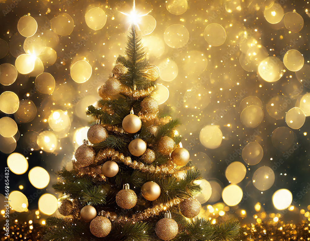 Christmas Tree In Golden Sparkle Background - Shiny Balls With Vintage Defocused Abstract Lights Christmas Tree In Golden Sparkle Background - Shiny Balls With Vintage Defocused Abstract Lights