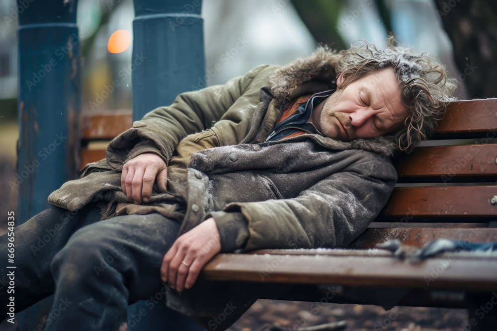 Homeless person sleeping on a park bench Homeless person sleeping on a park bench