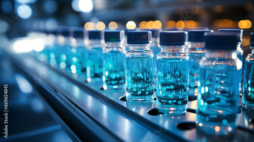 Close-up of precisely arranged laboratory vials filled with samples. Precise scientific research environment.