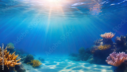 beautiful blue ocean background with sunlight and undersea scene