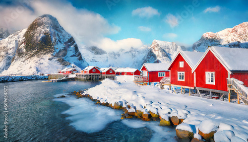 snowy winter view of justad fishing village on vestvagoy island with red chalets on background cold morning scene of lofoten islands after huge snowfall traveling concept background photo