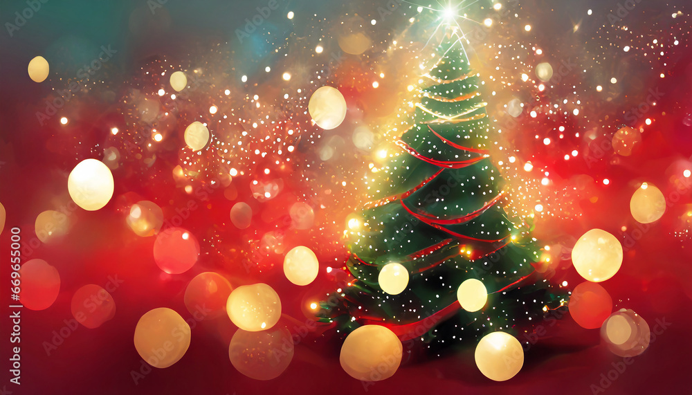 Christmas Tree In Red Background - Ornament And Abstract Defocused Lights Christmas Tree In Red Background - Ornament And Abstract Defocused Lights