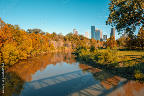 Buffalo Bayou Park with a view of downtown Houston skyscrapers. Texas, USA