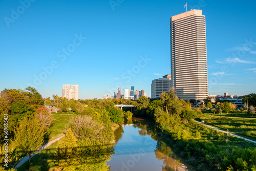 Houston downtown skyscrapers on a sunny day. Buffalo Bayou Park. Texas, USA