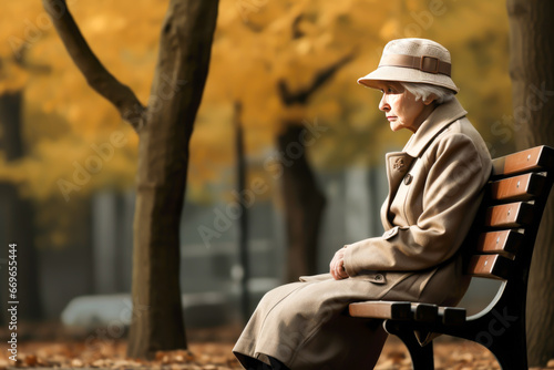 Lonely elderly woman sitting on a park bench