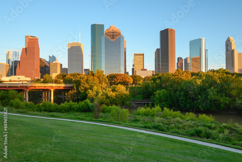 Houston downtown skyscrapers during sunset. Buffalo Bayou Park. Texas, USA