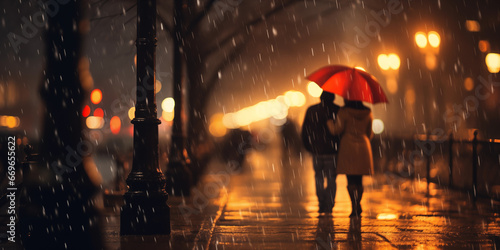 Couple walking on the street at night in the rain with red umbrella