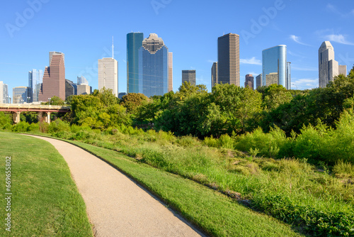 Houston downtown skyscrapers on a sunny day. Buffalo Bayou Park. Texas, USA
