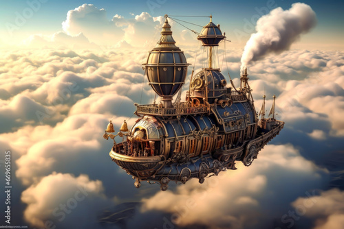 Vászonkép Steampunk airship sailing through the clouds.