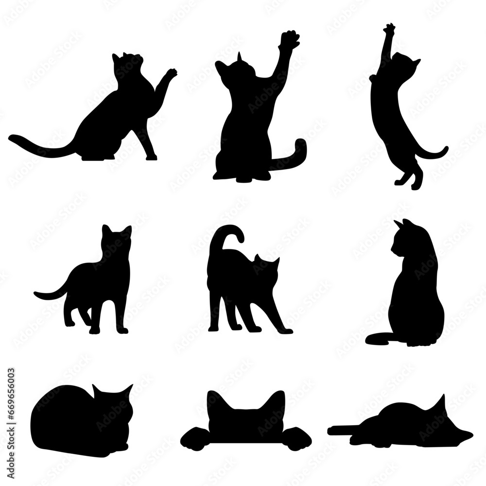 Collection of cat silhouettes in various poses isolated on white background