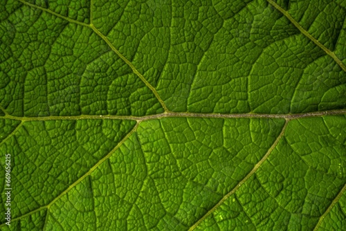detailed close up of a green leaf shows patterns and veins in its structure and texture