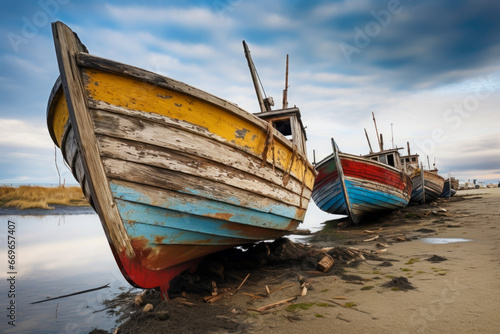 row of abandoned weathered fishing boats.