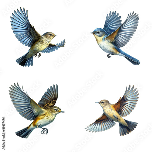 A set of male and female Willow Flycatchers flying on a transparent background