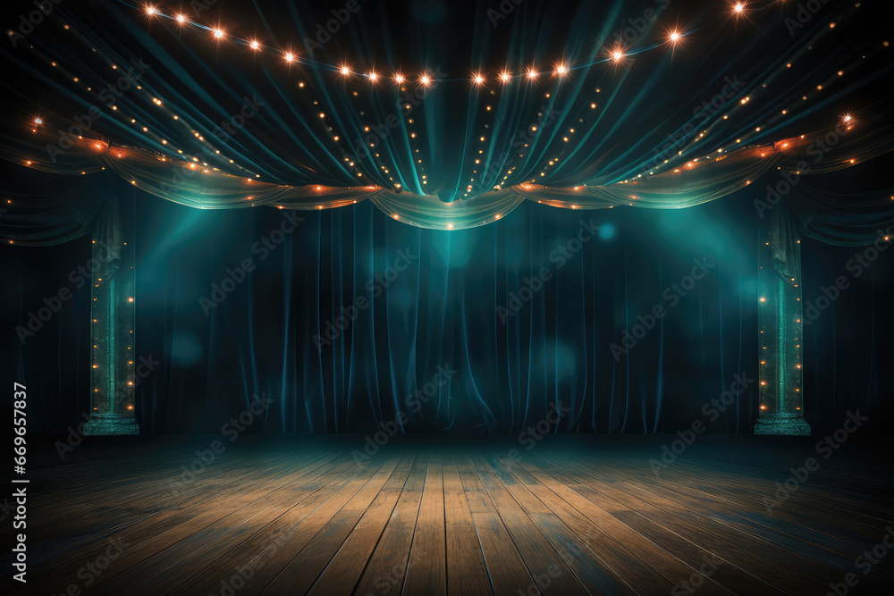 Stage theater curtain with lights and wooden floor. - obrazy, fototapety, plakaty 