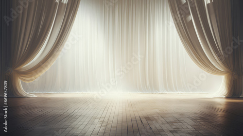 Theater with white curtains and wooden floor.