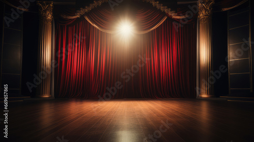 Stage with red curtains and spotlight.