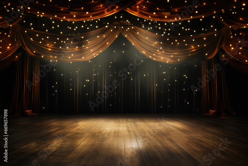 Stage theater curtain with spotlights and wooden floor.