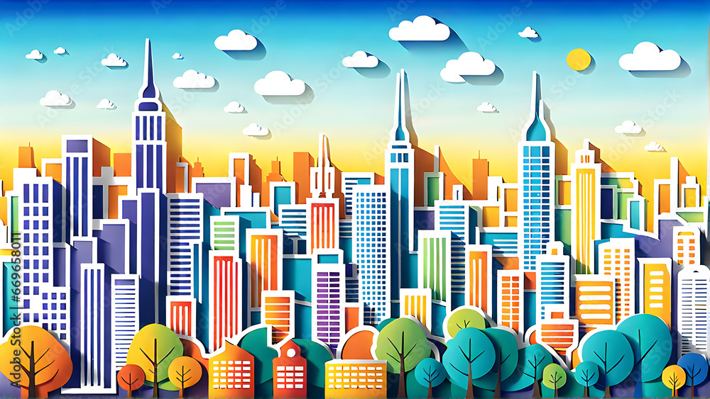 Fototapeta premium Papercraft City view colorful background wallpaper 