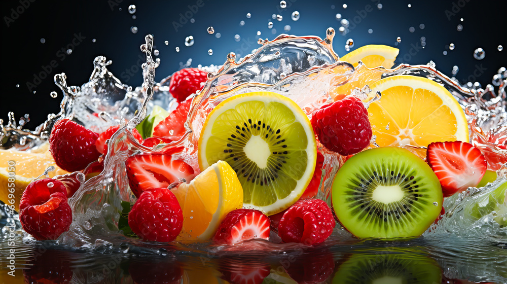 Fresh fruits and berries falling into water with splash, isolated on black background. Healthy food concept. Generative AI technology. - obrazy, fototapety, plakaty 