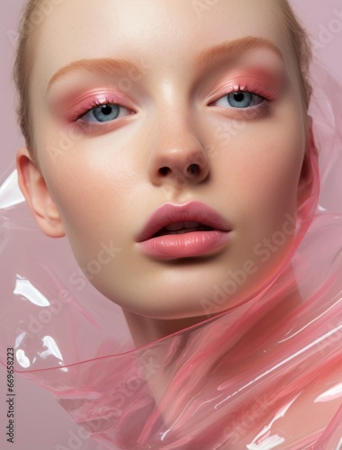 Dewy skin and rosy cheeks the artistry of professional makeup in a fashion portrait.