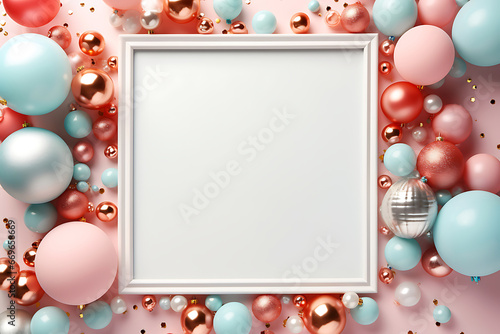 Colorful balloons and golden, silver balls on pastel pink background with empty white frame. Free space for text.