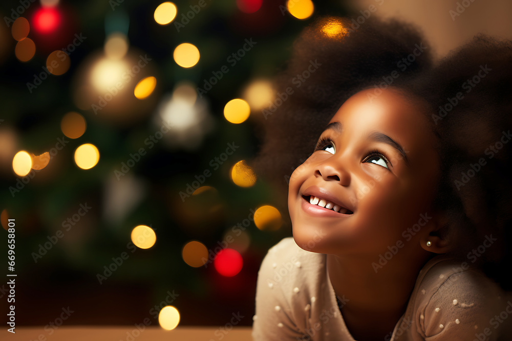 An African American girl child lies on the floor against the backdrop of a Christmas tree and dreams of gifts. The girl looks up dreamily and smiles An African American girl child lies on the floor against the backdrop of a Christmas tree and dreams of gifts. The girl looks up dreamily and smiles