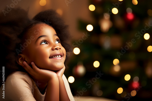 An African American girl child lies on the floor against the backdrop of a Christmas tree and dreams of gifts. The girl looks up dreamily and smiles