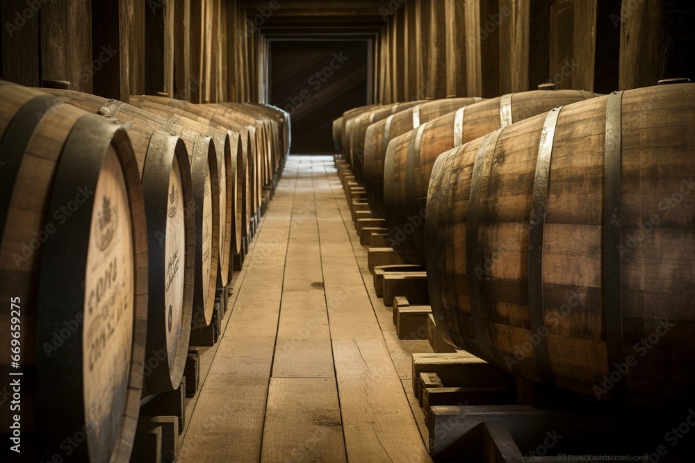 Whiskey barrels aging in oak casks. Generative AI