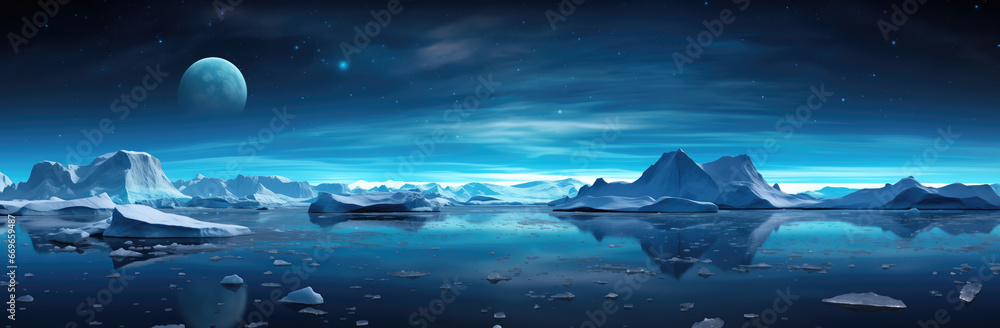 Fantastic winter landscape with Icebergs floating, moon and stars.