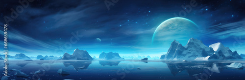  Fantasy landscape with icebergs  moon and stars.