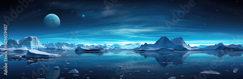 Fantastic winter landscape with Icebergs floating, moon and stars.
