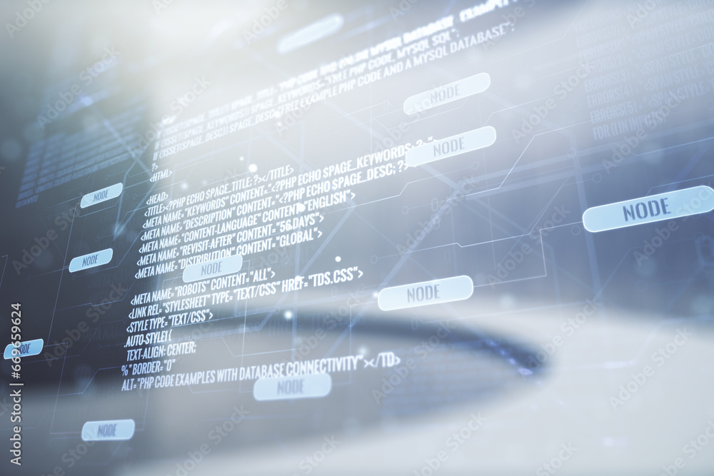 Multi exposure of abstract creative coding sketch on empty corporate office background, artificial intelligence and neural networks concept Multi exposure of abstract creative coding sketch on empty corporate office background, artificial intelligence and neural networks concept