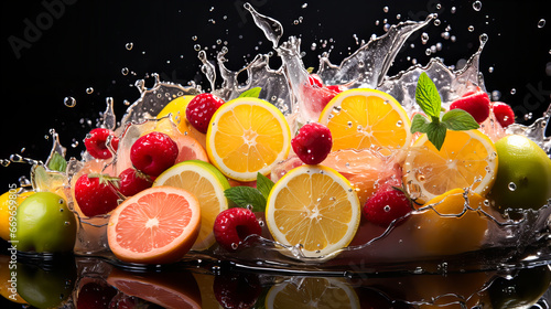 Fresh fruits and berries falling into water with splash  isolated on black background. Healthy food concept. Generative AI technology.