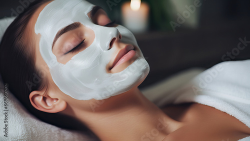 Woman with eyes closed and white facial mask on face in SPA. Face and body care, relaxation and mental health.