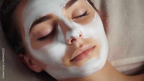 Woman with eyes closed and white facial mask on face in SPA. Face and body care  relaxation and mental health.