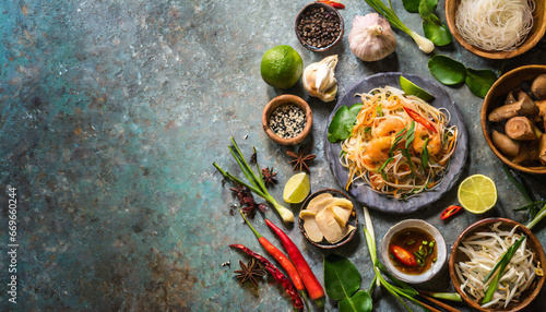 Asian food background with various ingredients on rustic stone background   top view. Vietnam or Thai cuisine.