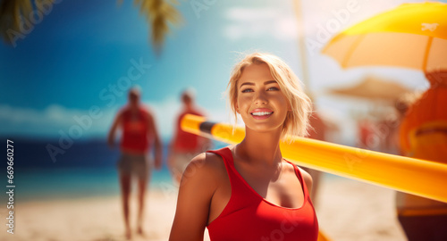A Beautiful Blonde Australian Woman Takes on the Role of Lifeguard on a Sunny Beach During the Summer Season