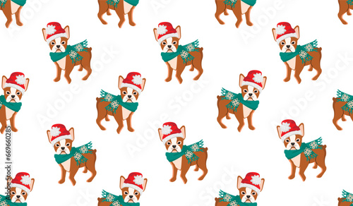Funny cartoon Boston Terrier doggy in warm scarf and hat.Winter holidays seamless pattern with cute animal character.Christmass colorful background for printing on fabric and paper.Vector illustration