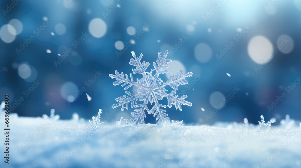 Snowflake on snow with bokeh background