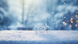 Snowflake on the snow in the winter forest. Christmas background.