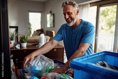 An adult male in a holds a box, helping with a recycling and moving service.