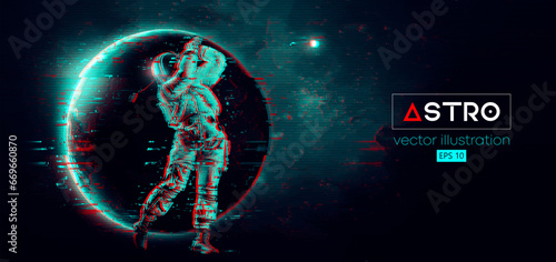 Abstract silhouette of a golf player in space action and Earth, Mars, planets on the background of the space. Golfer astronaut man hits the ball. Vector illustration