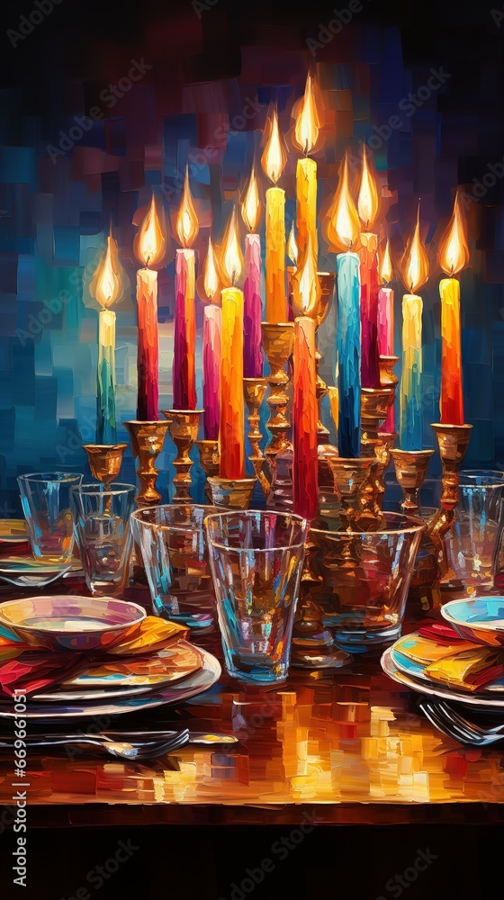 A festive and joyous Hanukkah scene, with a menorah lit up and surrounded by dreidels, gelt A festive and joyous Hanukkah scene, with a menorah lit up and surrounded by dreidels, gelt