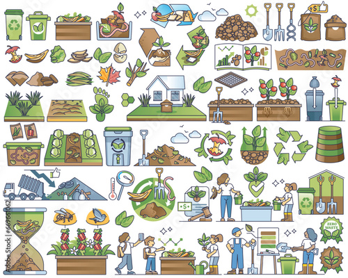 Composting and eco waste management for food leftovers in outline collection. Items with organic gardening and agriculture using biodegradable trash for reusable soil nutrients vector illustration