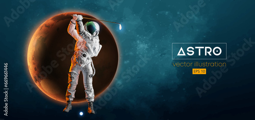 Abstract silhouette of a golf player in space action and Earth, Mars, planets on the background of the space. Golfer astronaut man hits the ball. Vector illustration