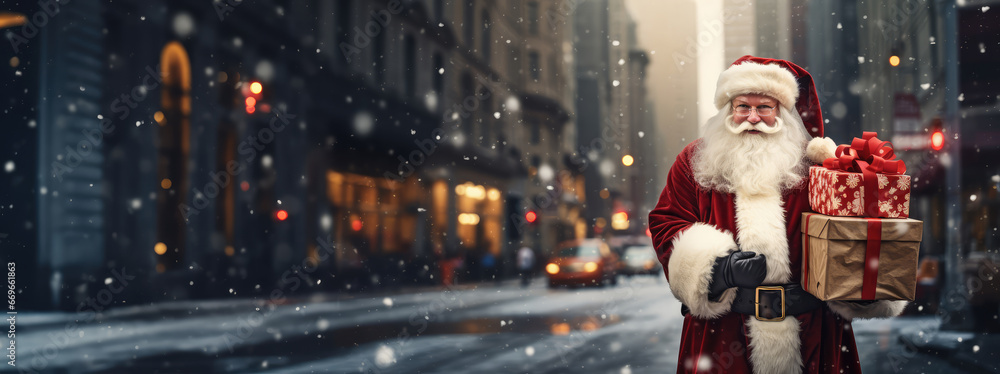 Santa claus with gift boxes over city street background