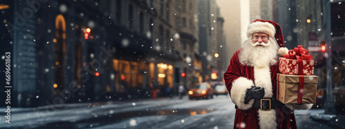 Santa claus with gift boxes over city street background