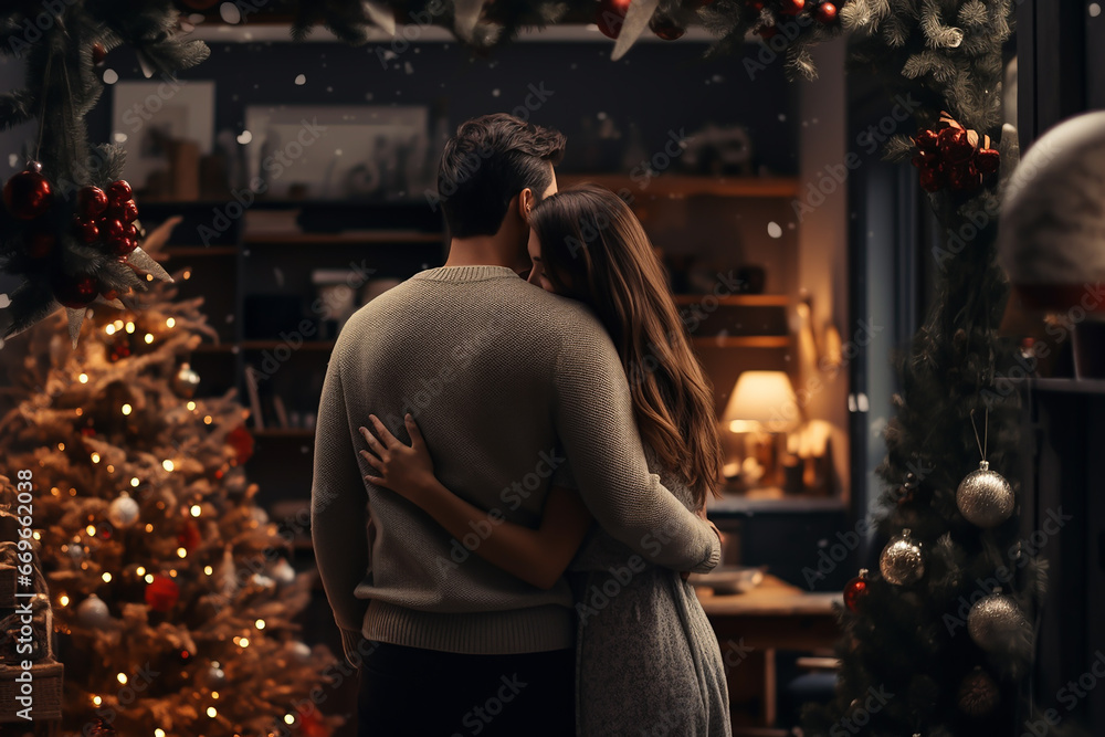 Couple embracing in front of Christmas tree generated with AI