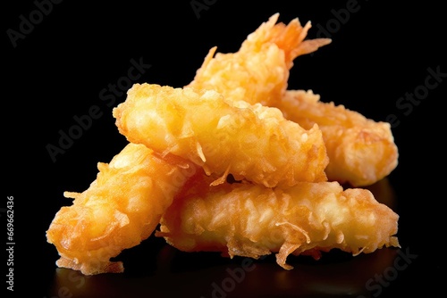 Fried shrimp tempura isolated on a black background, front view ai generative